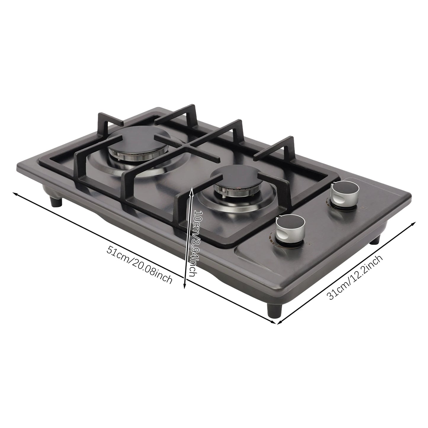 2-Burner Stainless Steel Gas Hob 3KW+1.75KW Portable Gas Stove Countertop/Flush Mounted 51*31*10cm