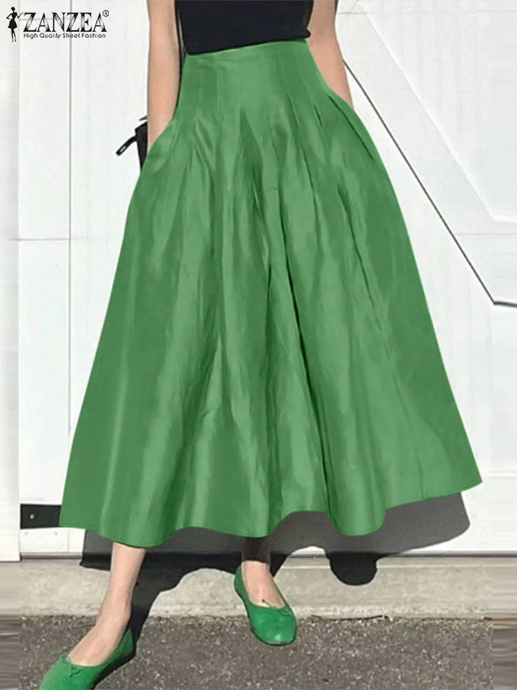 ZANZEA Fashion Holiday Faldas Mujer Casual Women Solid Color High Waist Jupe Femmes Elegant Commute Pleated Front Midi Skirts