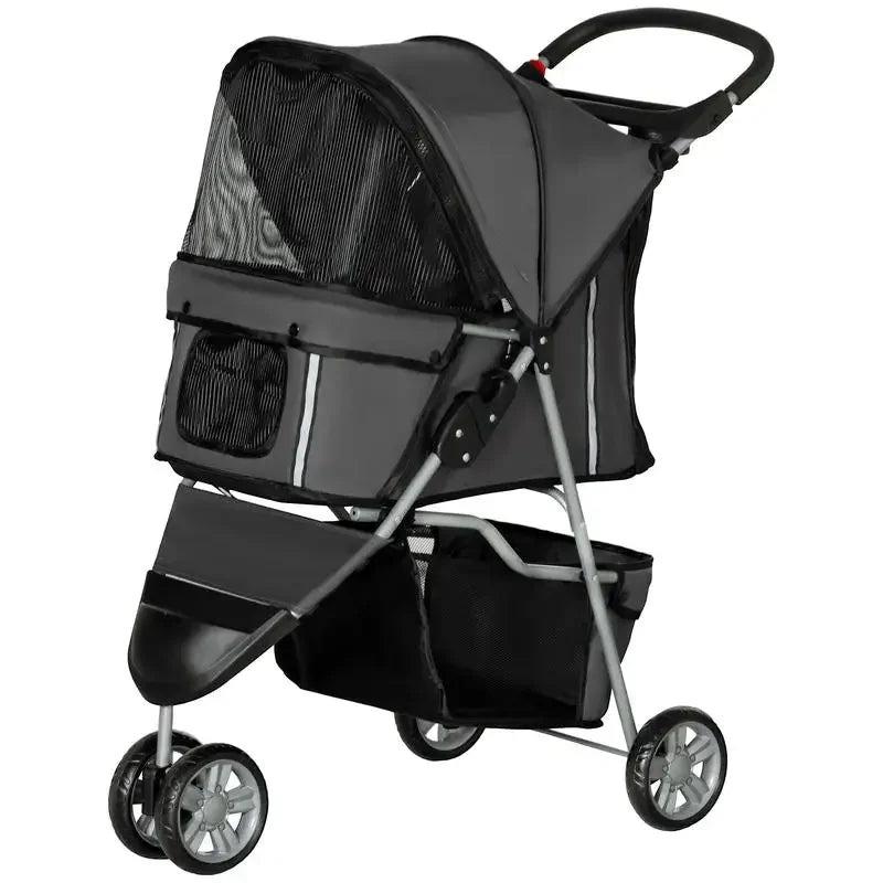 3 Wheel Pet Stroller for Small Dogs and Cats, Foldable Travel Pram with Breathable Mesh and Storage Bag, Sturdy Steel Frame for Walking, Charcoal Grey, 75x45x97 cm, Sturdy, Lightweight, Comfortable, Safe, Space Saving