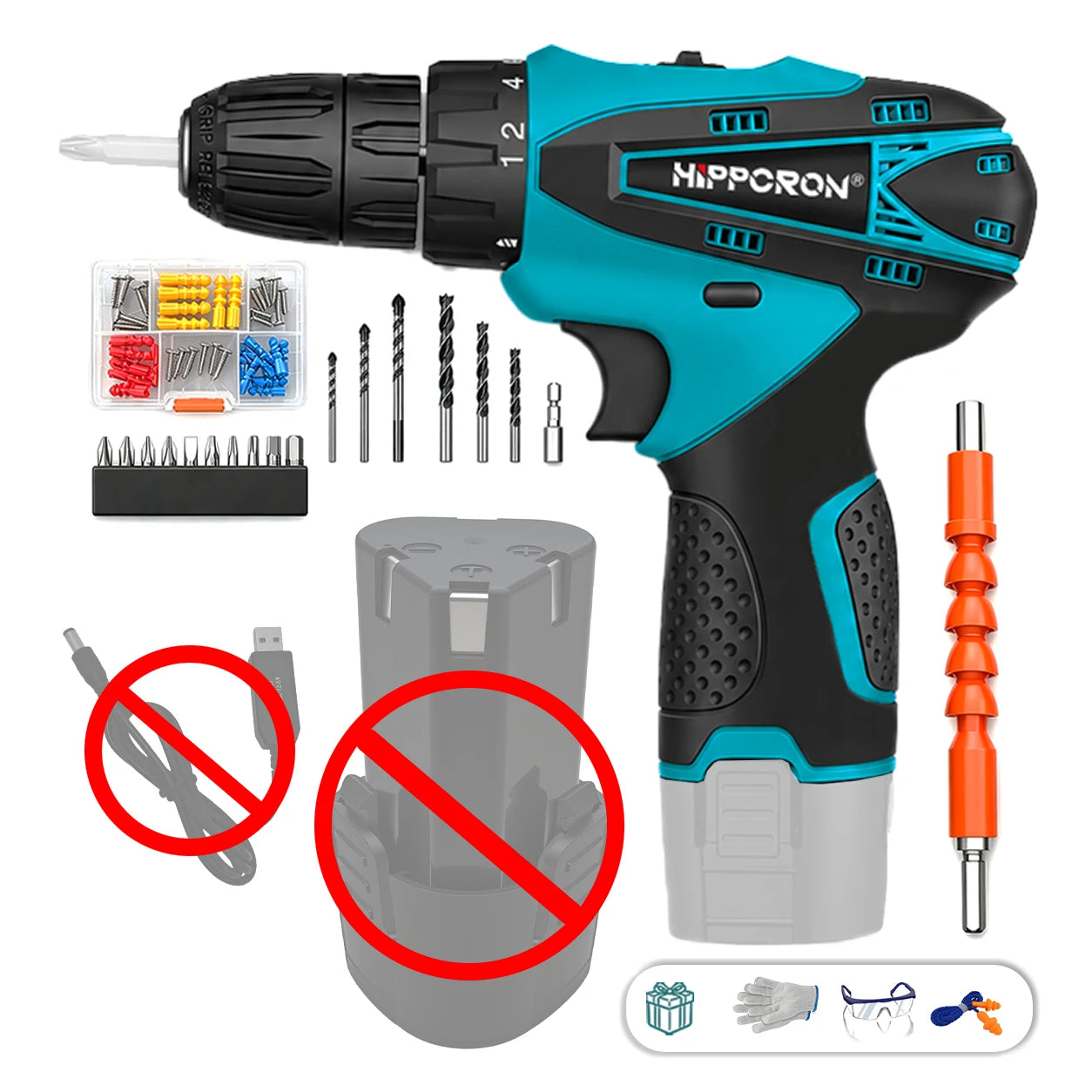 Hippcron 12V Lithium Electric Drill Tapping Cordless Impact Tool Ratchet Set Multifunction Screwdriver Household with 3/8" Chuck