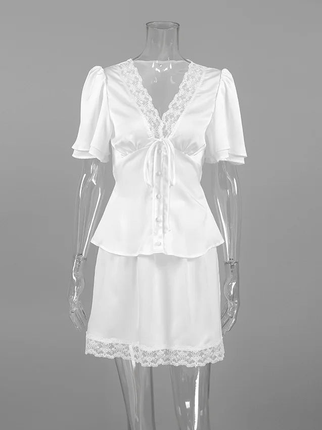 Elegant Satin Lace Patchwork Skirt Two-piece Set V Neck Short Sleeve Lace Up Tops Mini Skirts Suit 2026 New Party Daily Outfits