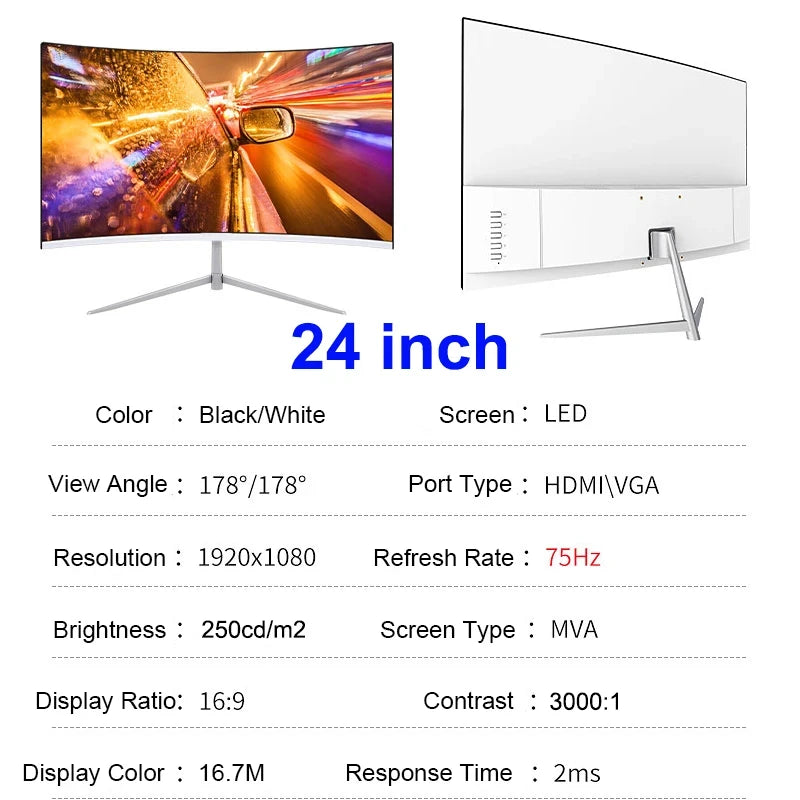 24 Inch Curved 100Hz Monitor Gaming MVA FHD 1080P Computer Display 3000R HDMI/VGA DCR Eye Protect VESA 100*100 2ms Response
