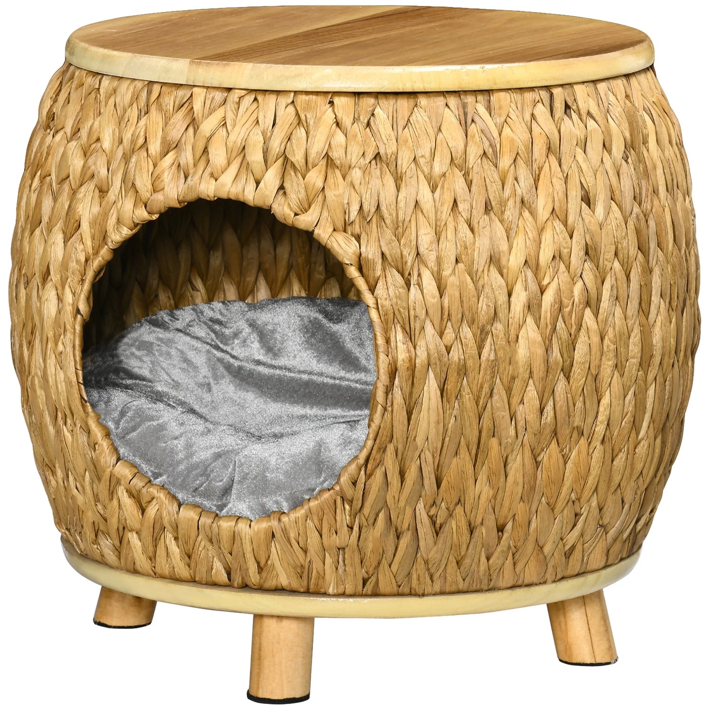 Cat cave with a soft washable cushion, featuring a natural light brown and grey design, it provides cats with a cozy hideaway while doubling as a sturdy stool and elegant home decor piece