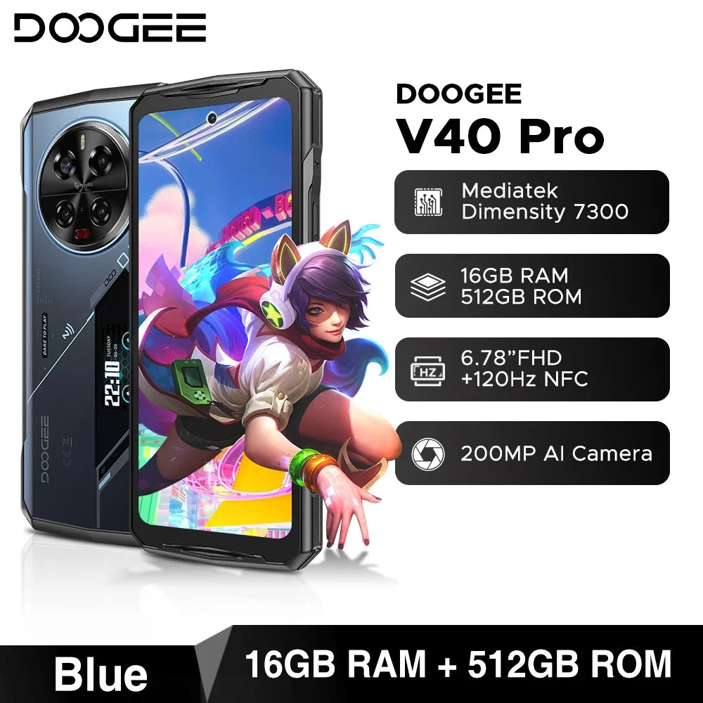 Global Version DOOGEE V40 Pro 5G Rugged Phone 6.78" Display 16GB+512GB Dimensity 7300 200MP AI Camera 8680mAh 33W Fast Charger