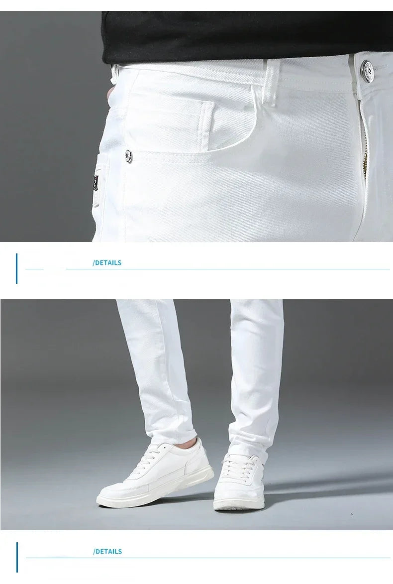 2026 Spring New Men Slim Jeans 98% Cotton White Stretch Straight Casual Fashion Pencil Pants High Quality Trousers Male Clothes