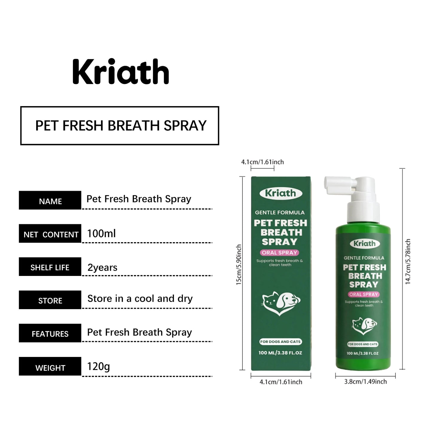 Kriath Pet Fresh Breath Oral Spray Removing Plaque Buildup Eliminate Bad Odor Relieve Oral Discomfort Pet Teeth & Gum Care Mist
