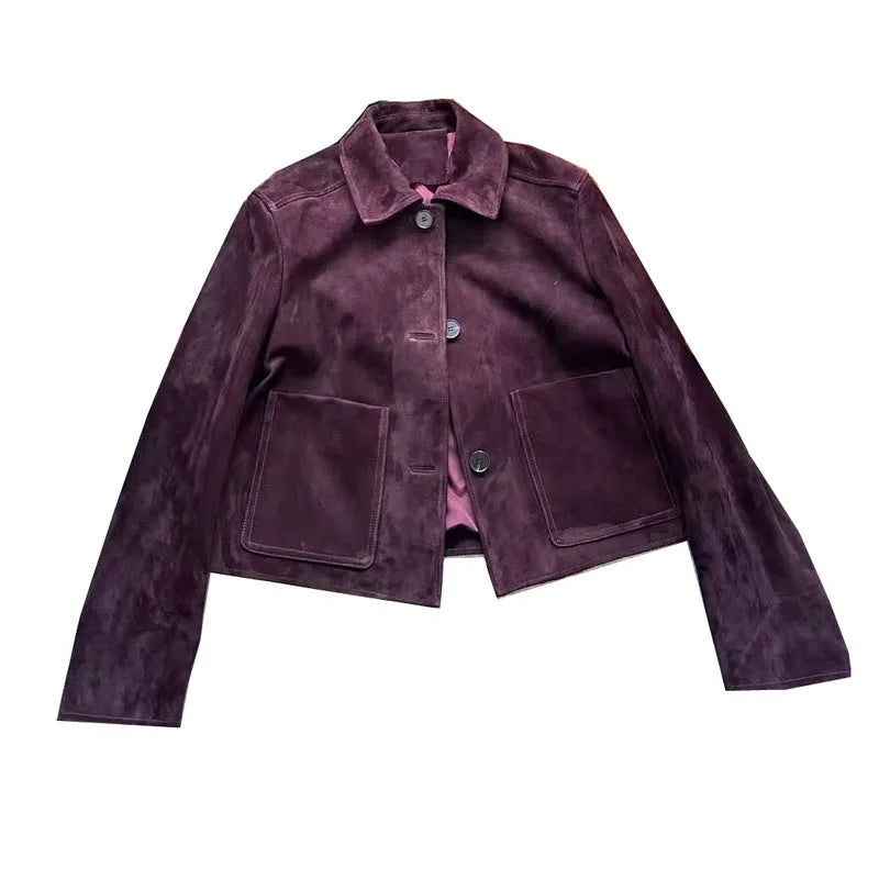European Imported Kid Suede Leather Jacket for Woman High Grade Turn Down Collar Pocket Short Cropped Coat Long Sleeve Top Mujer