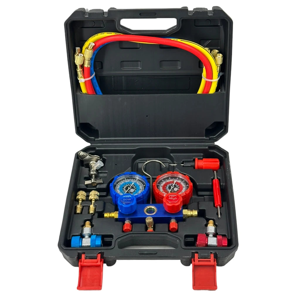 Podofo AC Manifold Gauge Set Car Air Conditioning Refrigerant Charging Tool AC Manifold Gauge Set with Hoses with Storage Box