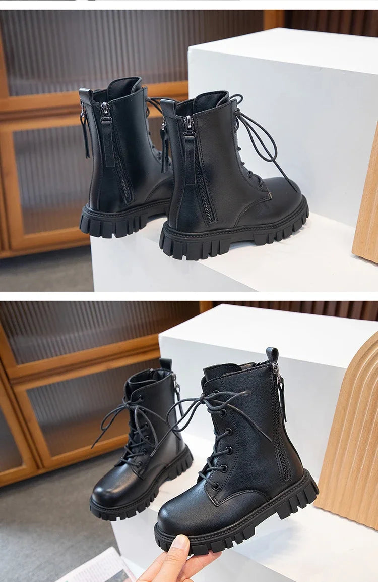 Girls Fashion Boots Black Warm Motorcycle Boots Autumn Winter Kids Ankle Boots Double Zipper Anti-skid Children Rubber Boots New