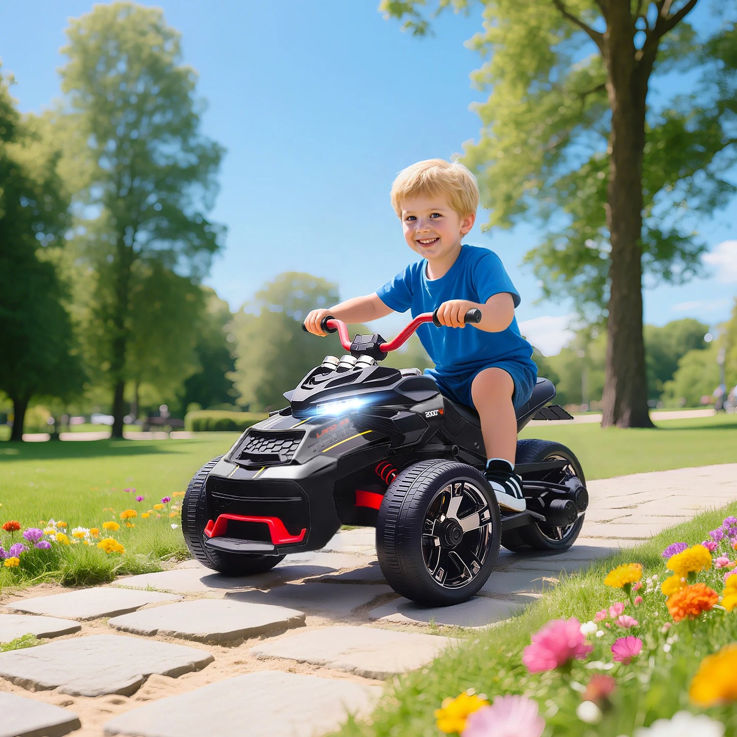 Electric toy car, children’s electric car, 12V, 3 wheels, 2 motors, MP3 player, speaker, 2 speeds, speed 3–5 km/h, black, electric toy car for children, electric pushchair, equestrian pushchair