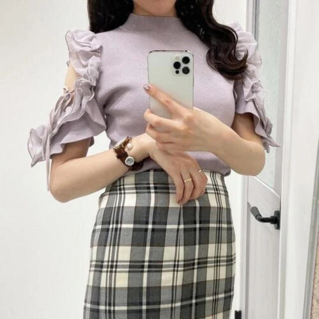Japanese Off Shoulder Ruffle Edge Slim Short Sleeve Tshirt Women Sweet Elegant Knitted T Shirt Girl Commuting Short White Top