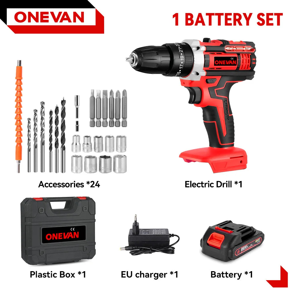 ONEVAN 25+3 Torque Electric Drill Portable Cordless Impact drill Furniture Wood Power Screwdriver Tools For Makita Battery Pin
