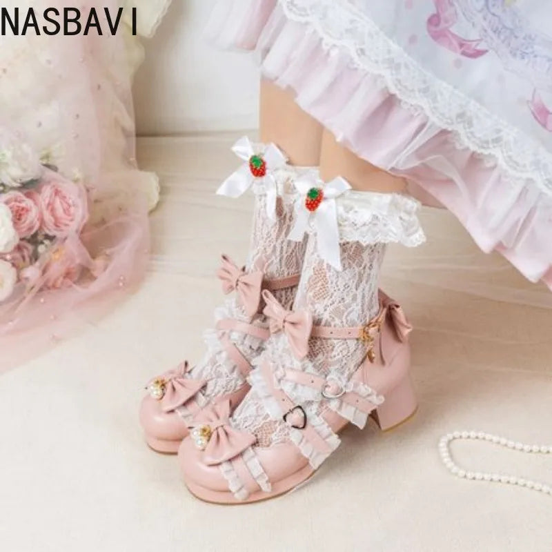 NASBAVI White Lace Bow Cosplay High Heels Women Cross Strap Buckle Platform Mary Jane Shoes Female Party Princess Lolita Pumps
