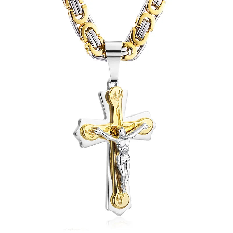 Diyalo Religious Jesus Cross Necklace Men Stainless Steel Crucifix Pendant with Byzantine Chain Necklaces Male Necklace Jewelry