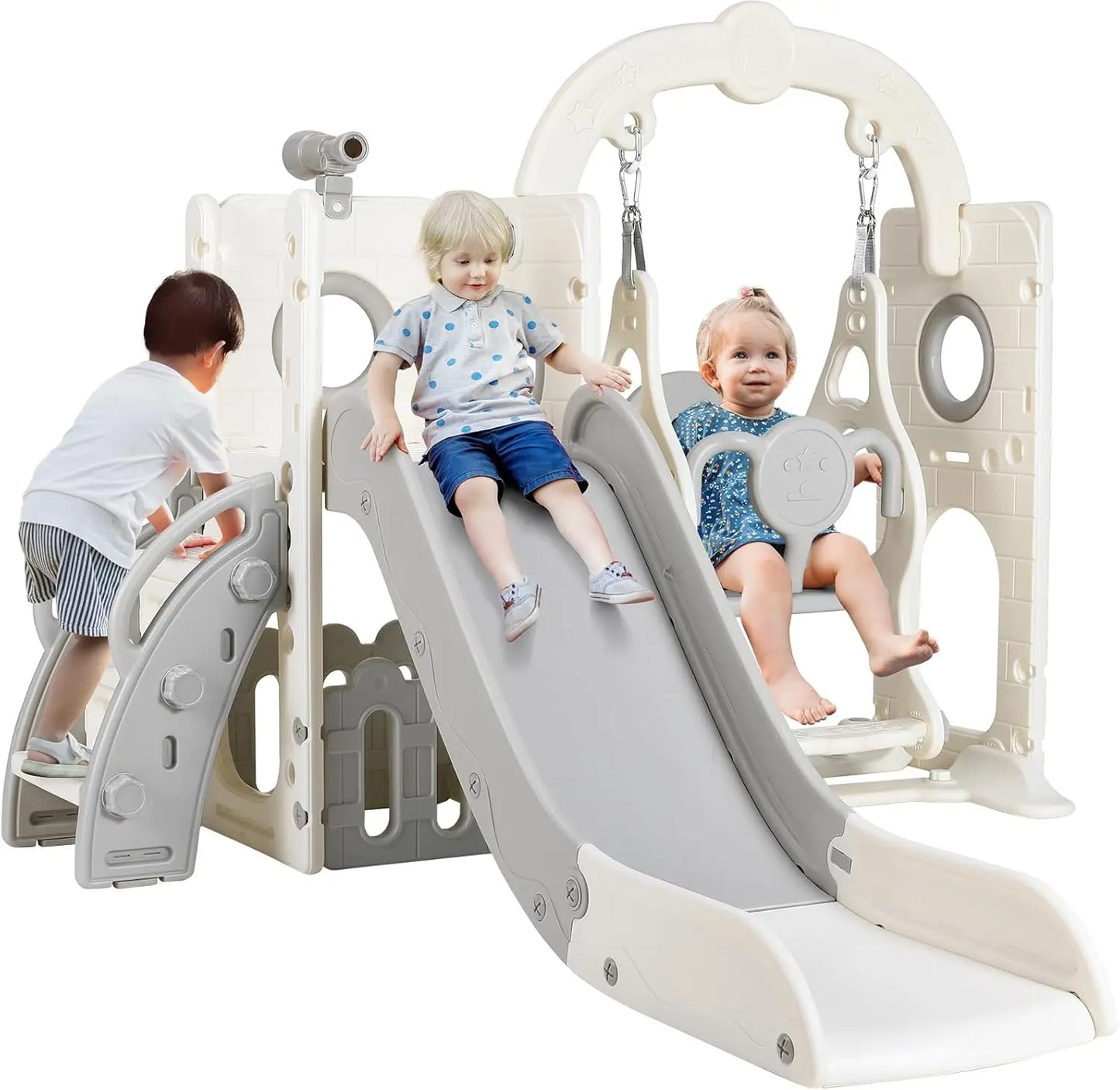 3-in-1 Toddler Slide Climber Playset, Freestanding Slide for Kids Indoor Outdoor Toy W/ Telescope, Tunnel, Basketball Hoop, Ball