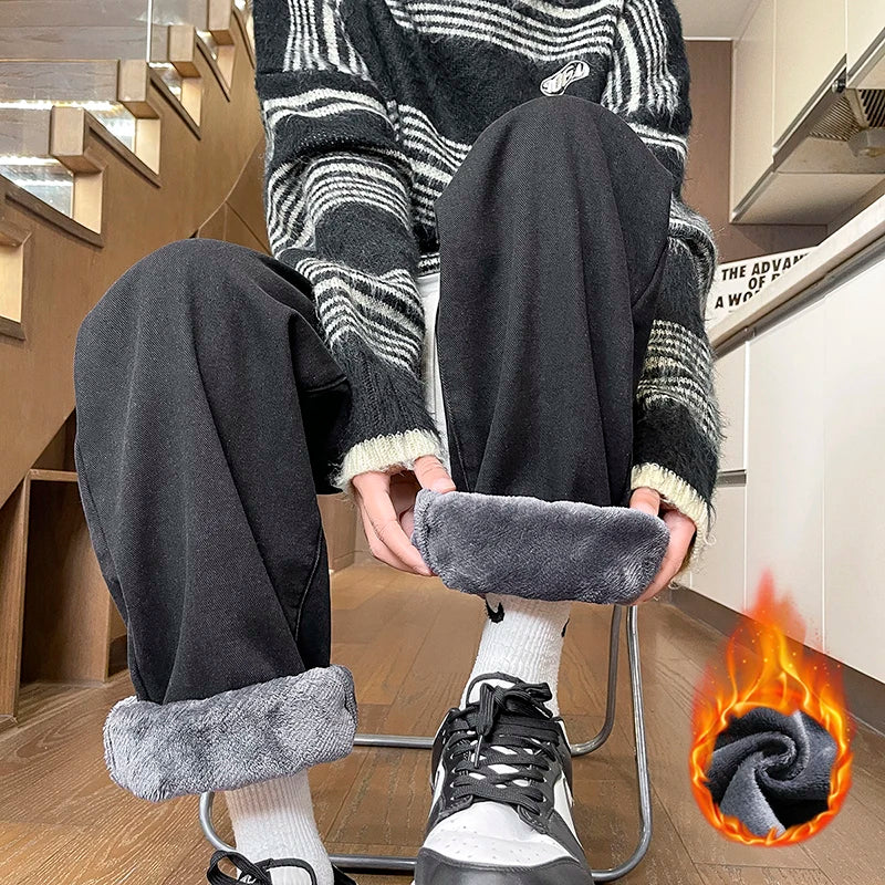 Men's Thicke Fleece Straight Jeans Winter Velvet Thermal Nostalgia Washing Denim Pants Streetwear Elastic Waist Loose Trousers