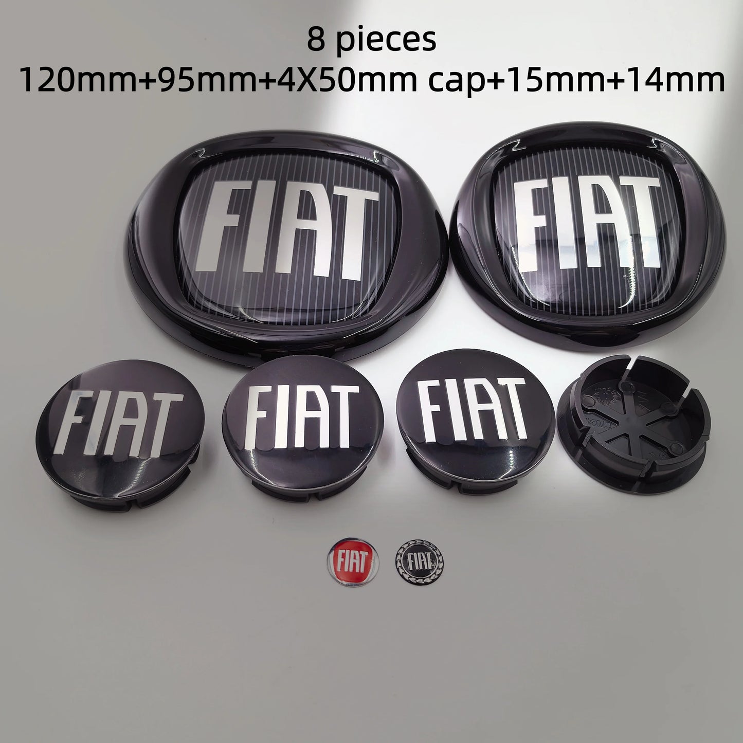8pcs Fiat 500 Car Front Hood Emblem Rear Trunk Badge 95mm 120mm 12cm Wheel Center Logo Hub Cap 50mm 56mm 60mm 5cm 6cm
