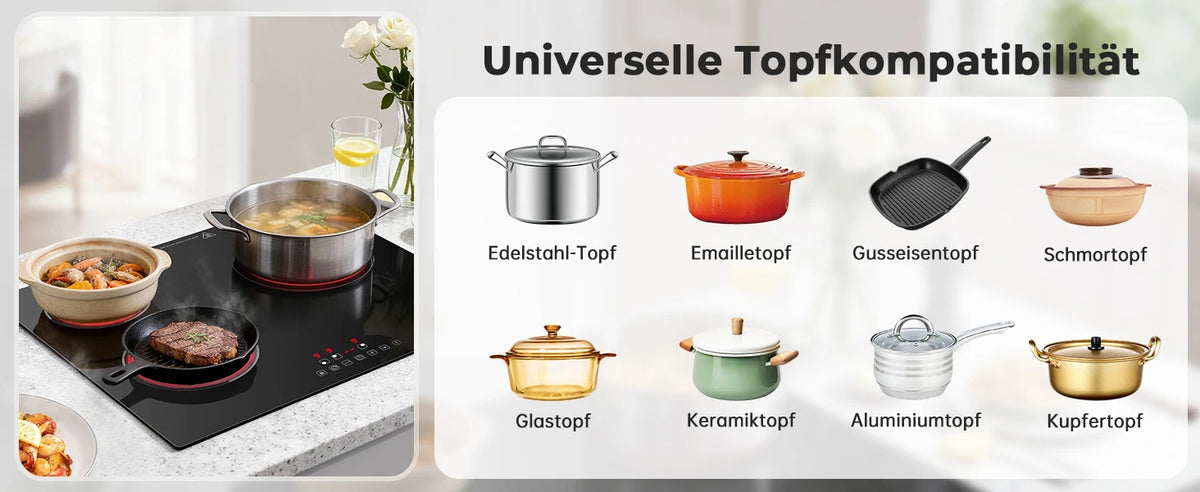 6000W Built-in Ceramic Hob, 4 Zone Induction Cooktop with Touch Control, 9 Power Levels, Timer & Child Lock, 60cm Black Glass