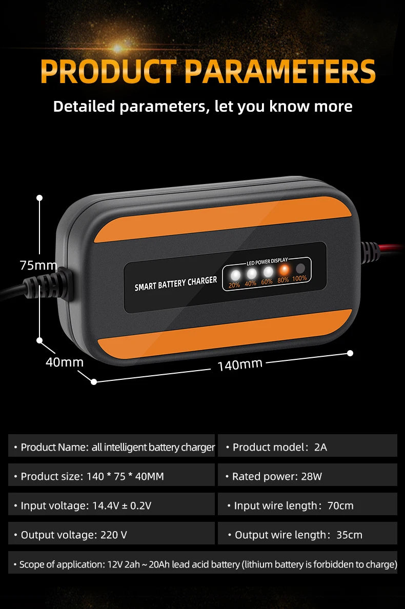 12V 6V Motorcycle Toy Car Battery Charger Mini Lead Acid Battery Charger 2A Full Automatic Charging Puls Repair for Auto Motorcy