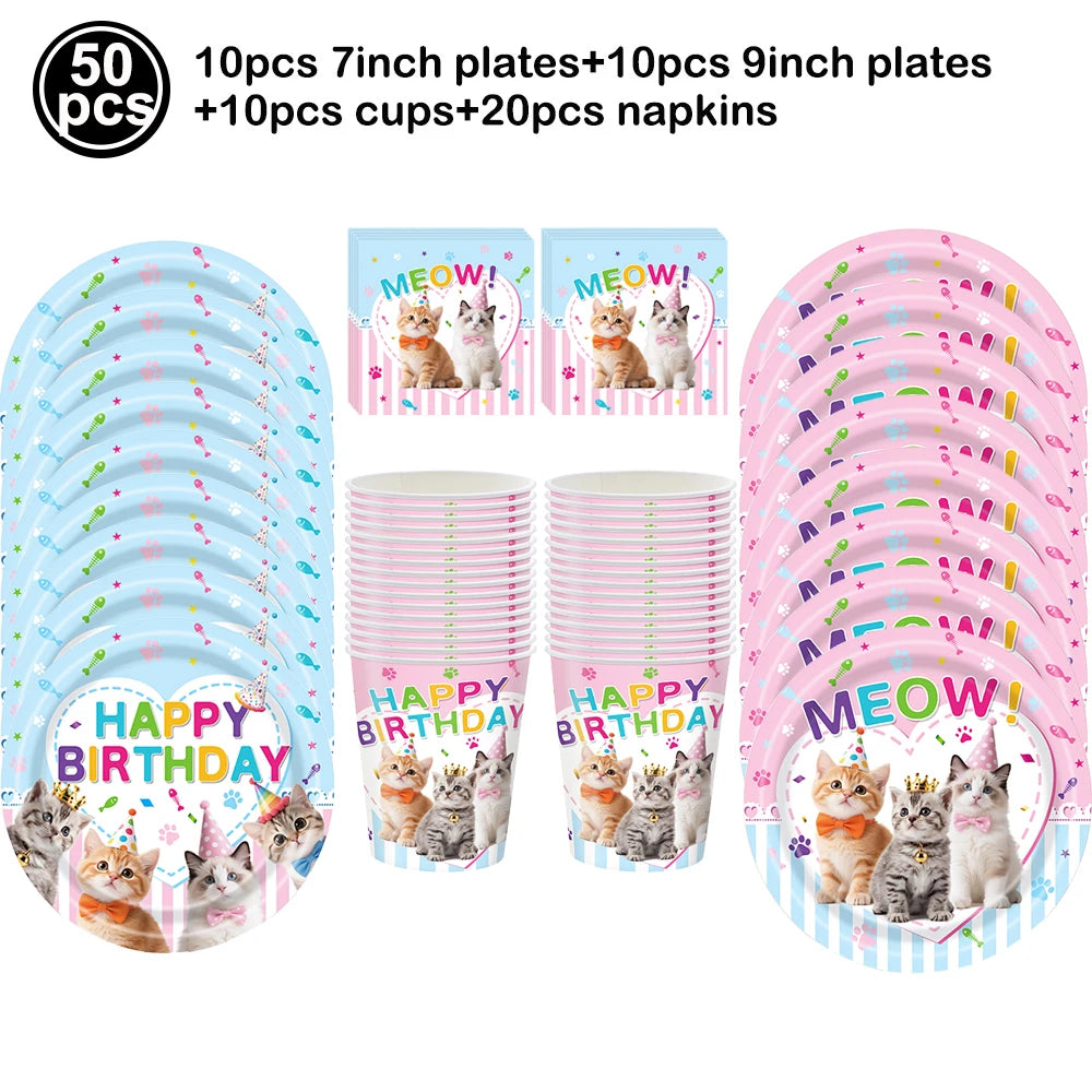 Cat Party Paper Plates Cups Napkins Party Supplies Cat Face Happy Birthday Banner Tablecloth for Cat Themed Birthday Party Decor