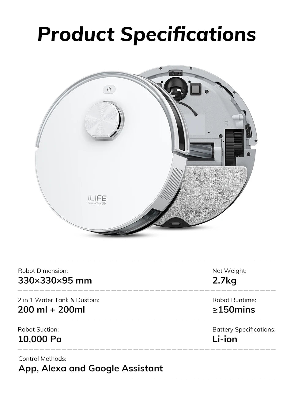 ILIFE V30 Robot Vacuum Cleaner, Laser Navigation, 10000Pa Suction, Up to 150min Runtime, APP Control, Customizable Cleaning, 2-in-1 Vacuum & Mop, No-Go Zones, Multi-Floor Mapping, Support Voice Assistance
