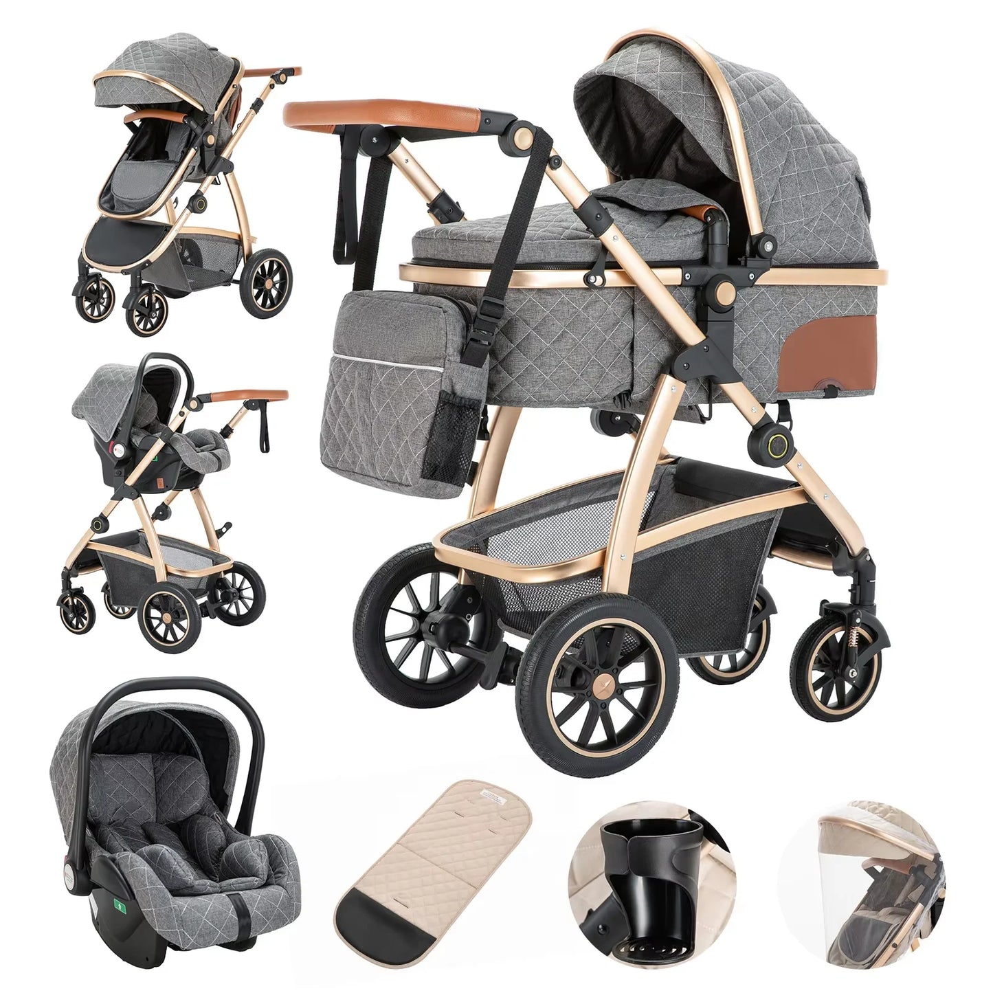 Baby Stroller 3 in 1 Easy Folding Multifunctional Stroller Travel Portable Baby Carriage Safety Seat EU Standard Aluminum Frame