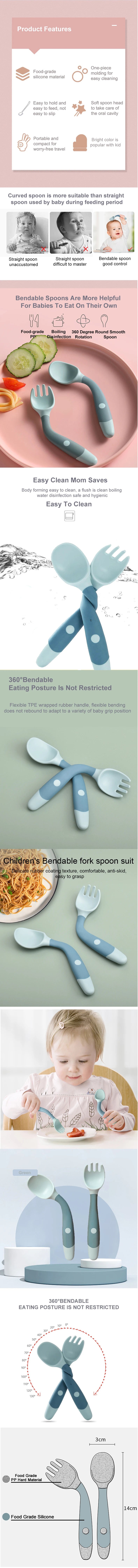 Baby Self Feeding Spoon Set 2Pcs, 360 Twist Anti-Drop Silicone Training Spoon + Fork for 6-24 Month Toddler BPA Free