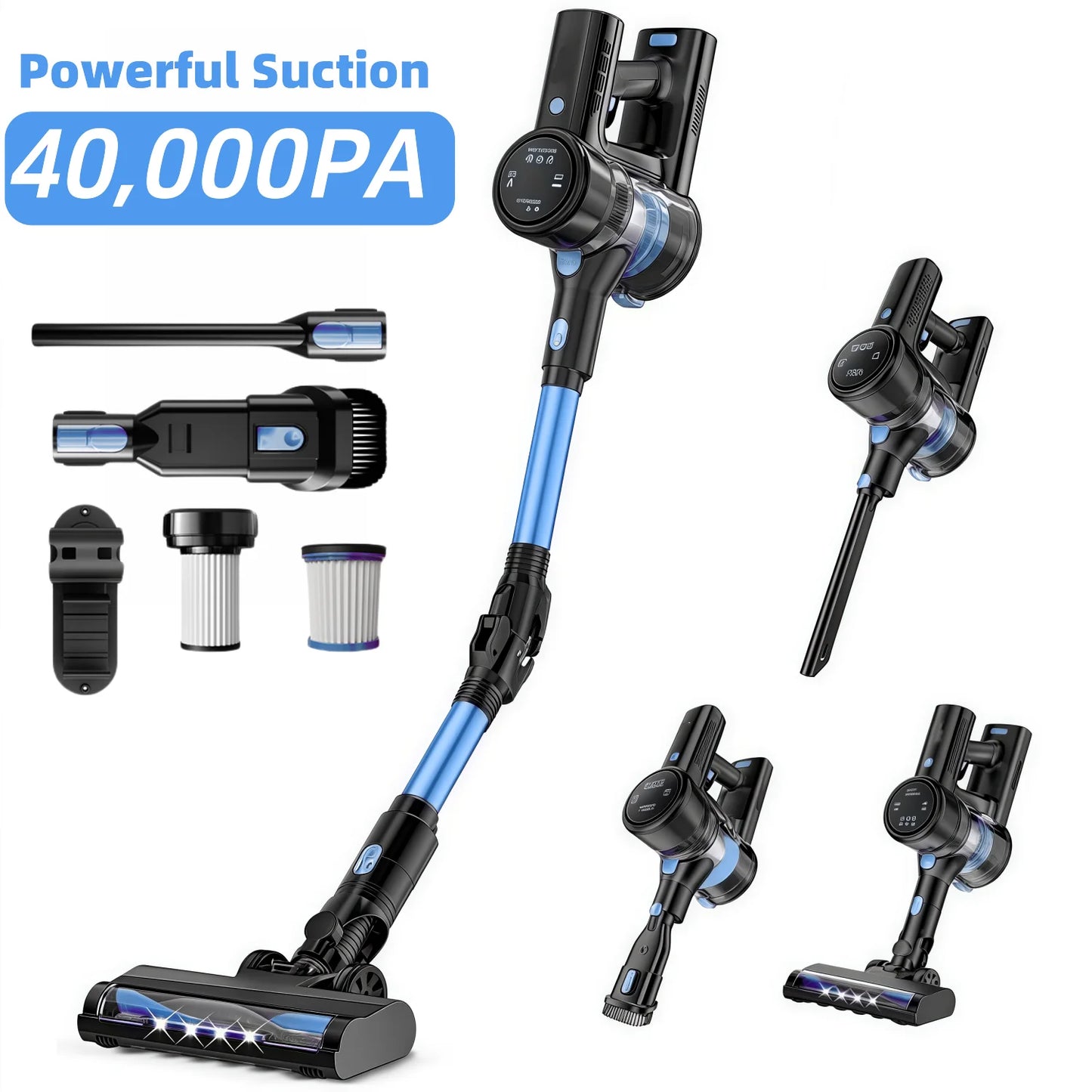 Cordless Vacuum Cleaner, 40KPa/50Mins/3 Modes, Cordless Stick Vacuum with LED Display & Foldable Lightweight Design, Rechargeable Handle Cleaners for Home, Pet Hair, Carpet, Hard Floor