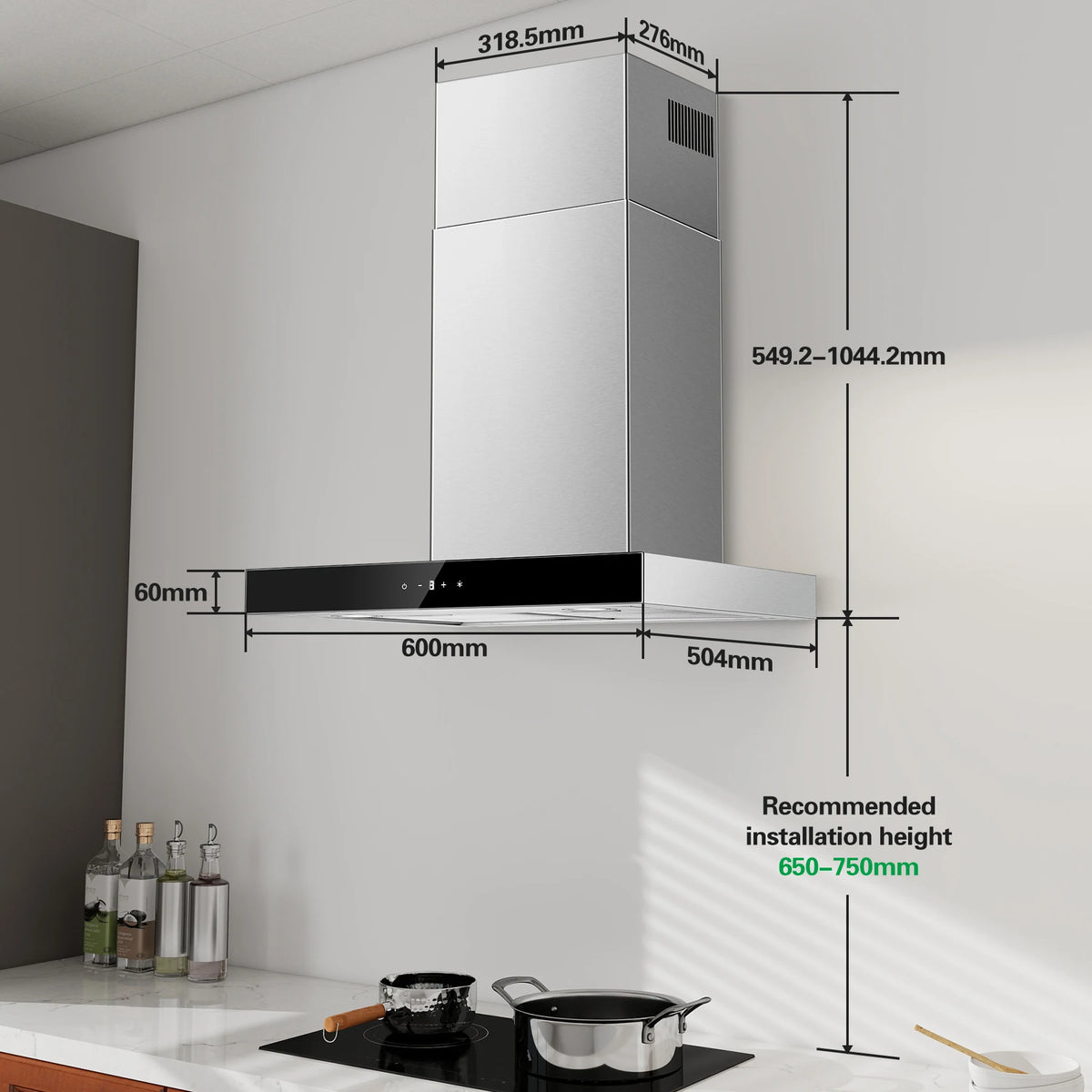 Topstrong 60cm Wall Mounted 400m³/h A+++ LED Touch Control Stainless Steel Extractor Fan Quiet 52dB Kitchen Hood