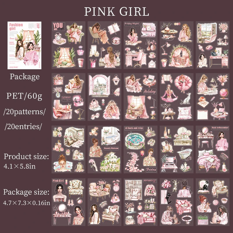JIANQI 20 Sheets PET Die cut Stickers book Girl's Handbook Decorative handmade Scrapbooking Material Diary Album Craft Supplies