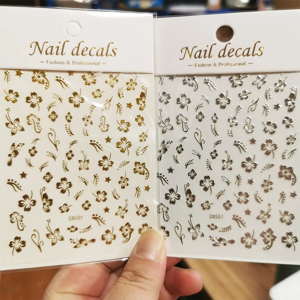 1pc 3D Hibiscus Flowers Nail Sticker White Black Flower Petals Adhesive Decals Pink Golden Floral Slider For Nail Art Decoration