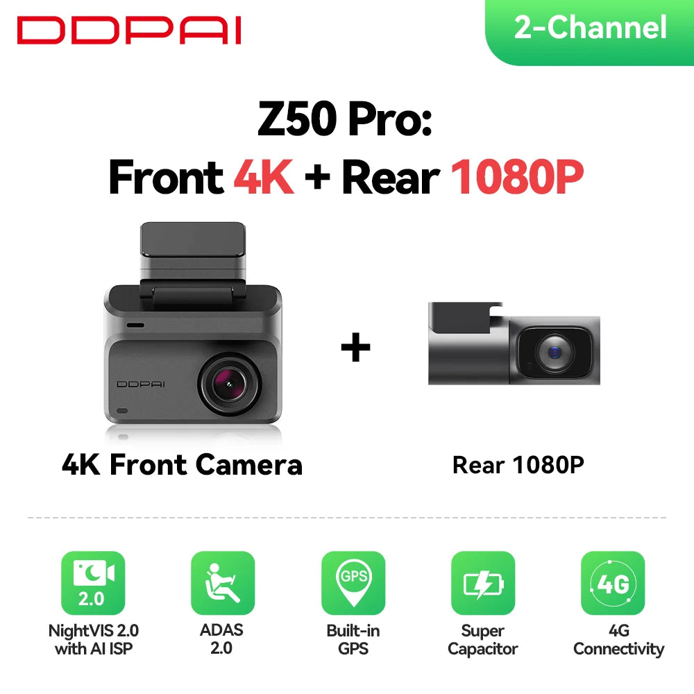DDPAI Dash Cam Z50 Pro 4K HDR + 1080P Car DVR Night Vision Wi-Fi 6 GPS ADAS 24h Parking Monitor Front and Rear Camera Dashcam