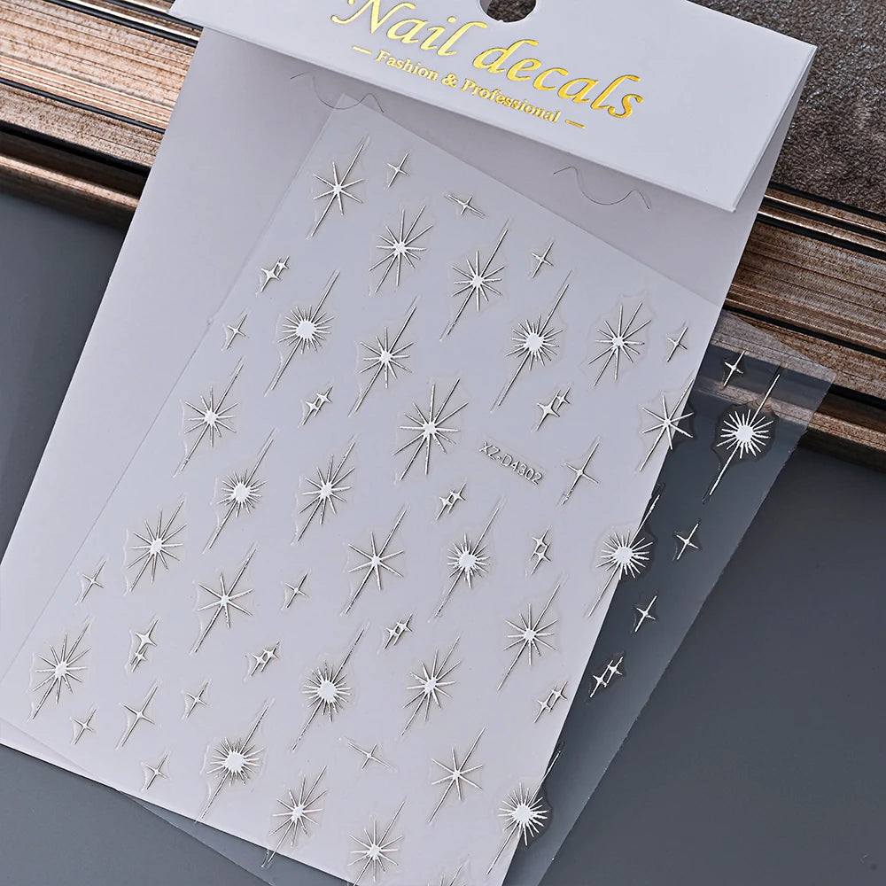 1pcs Sparkle 5D Embossed Star Nail Sticker Metallic Silver Starlight Nail Decals 8*10cm Adhesive Manicure Slider Supplies #Y2K