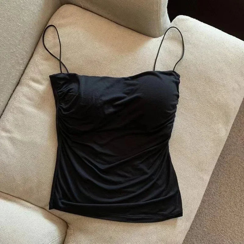 Women With Built In Bra Spaghetti Strap Tanks Summer Camis Tank Casual Tops For Woman Solid Color Female Korean Style