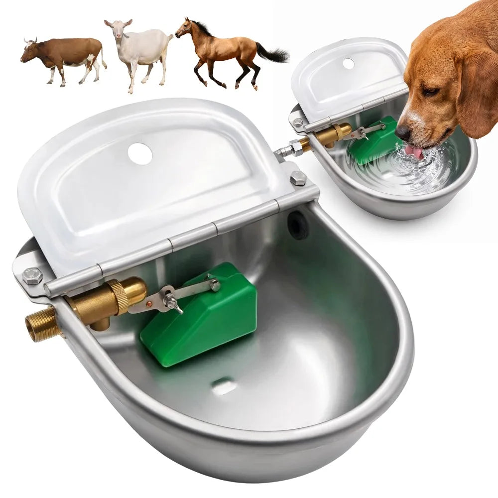 Silver Stainless Steel Automatic Livestock Water Bowl with Brass Float Valve, Durable Water Level Control Drinking Bowl for Horses, Cattle, Sheep, Goats, Alpacas, and Dogs in Farm and Stable Use
