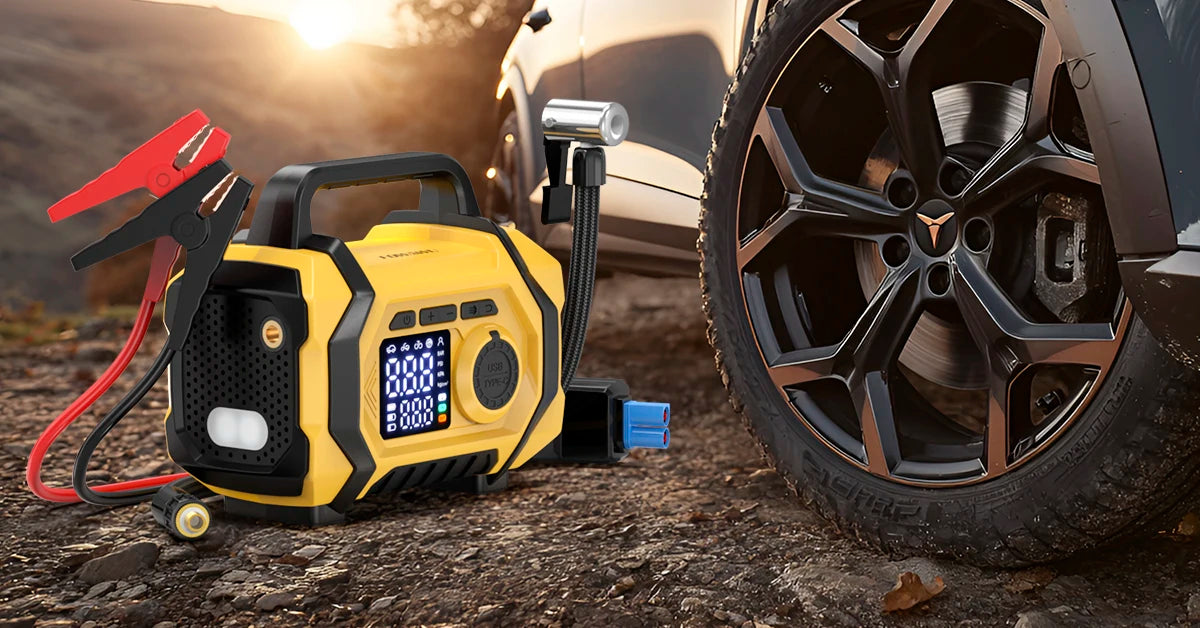 FOWAWU 6000A 26800mAh Jump Starter with Air Compressor,Car Battery Power Bank (ALL Gas/10.0L Diesel), Auto-Shutoff Tire Inflator