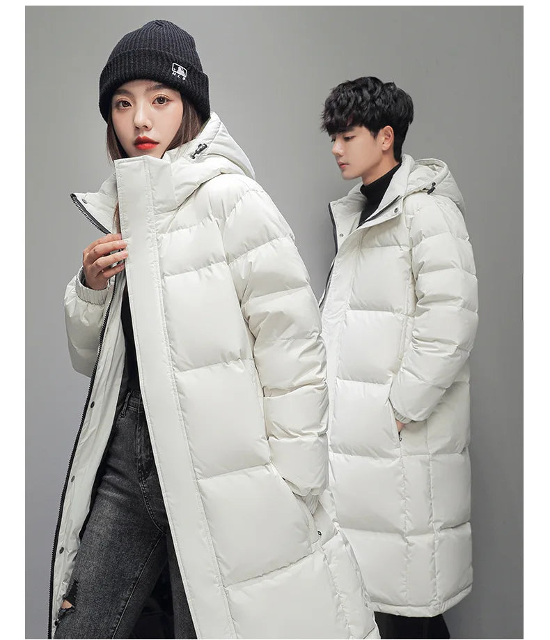 FGKKS 2025 Couple Winter Down Jacket Fashion Classic Slim Korean Style White Duck Down Men's Long Coat Women Hooded Outwear
