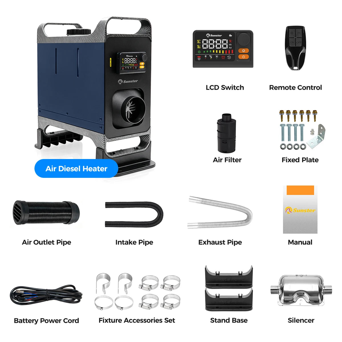 Sunster 8KW Diesel Air Heater All-in-One 12V/24V 110-240V Dual Power Portable with Handle Fast Heat No Cold Air 35dB Silent Parking Heater APP LCD for Camping RV