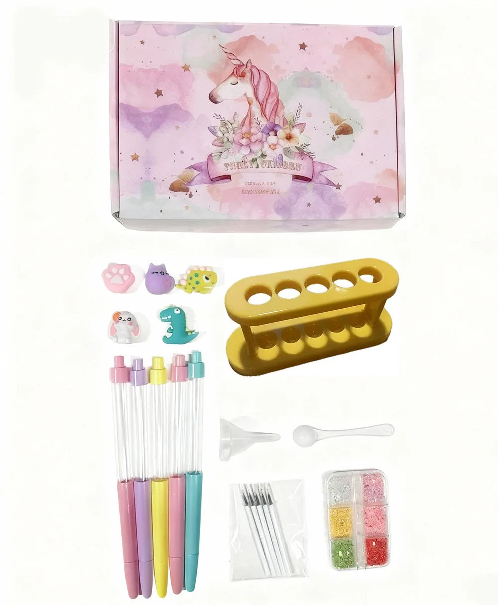 DIY Glitter Pen Making Kit Kids Craft Supplies 80+ Pieces Handmade Art Set Make 16 Pens Cartoon Decor Birthday Gift for Girls Bo