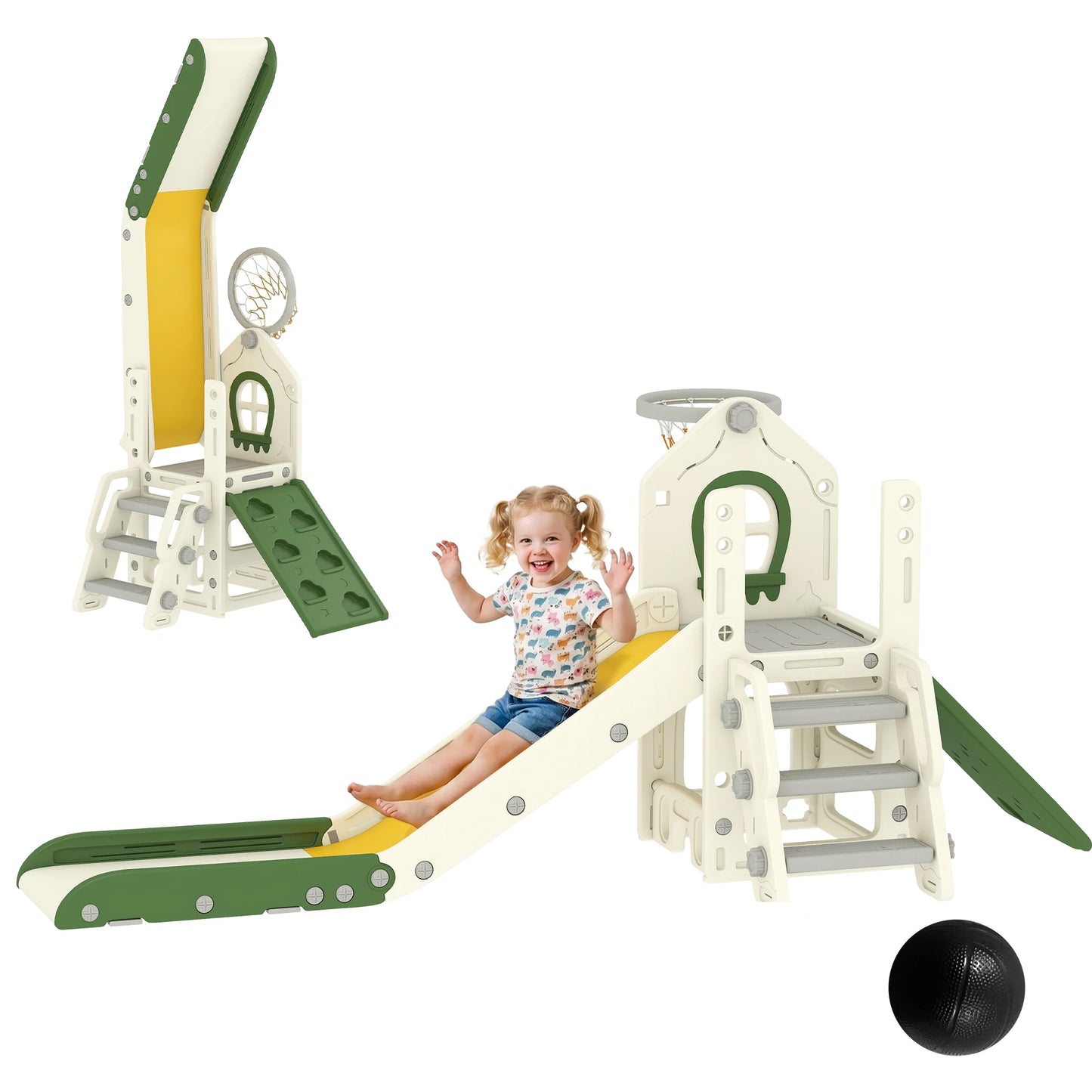 4-in-1 foldable slide with a climbing element, basketball hoop, storage space, and a basketball for children aged 1 to 3, cream white
