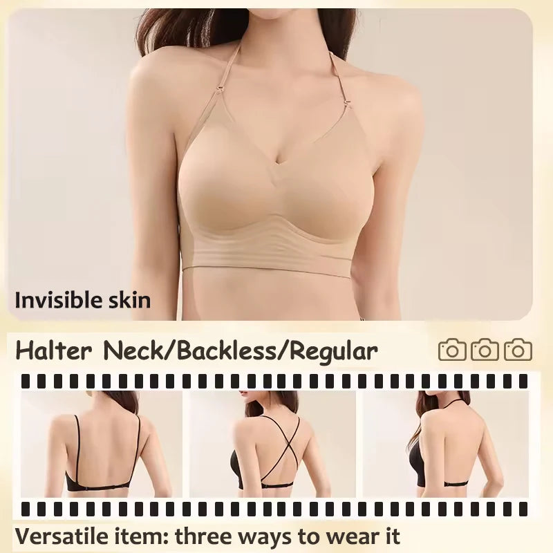 FINETOO Women's 3 Ways to Wear Halter Neck Backless Bralette Seamless Thin-Strapped Gather Bra Female Sexy Solid Color Underwear