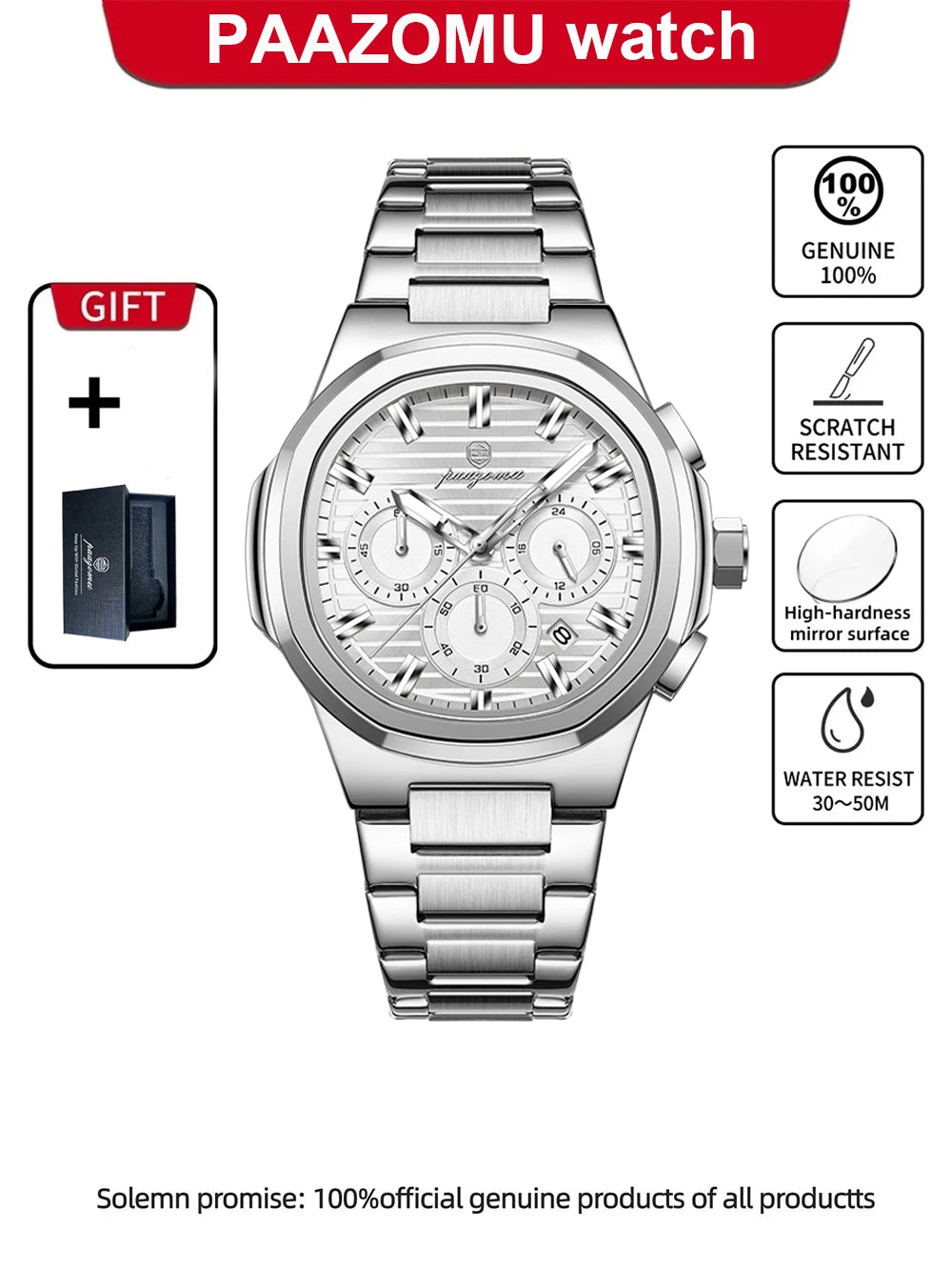 PAAZOMU Fashion Brand Man Wristwatch Waterproof Stainless Steel Luminous Men Watch Chronograph Date Luxury Quartz Men's Watches