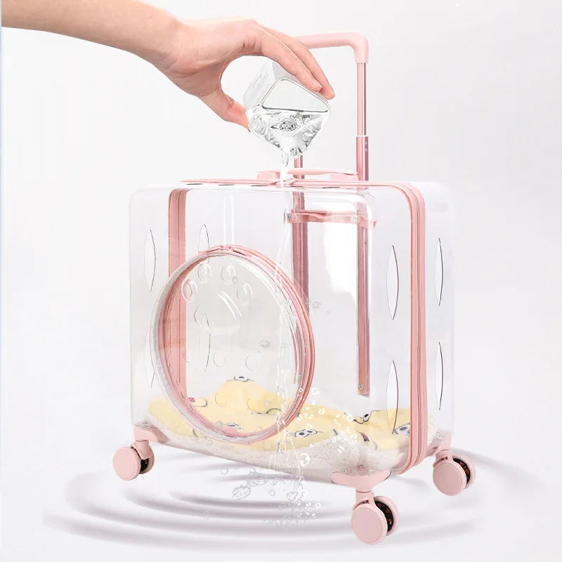 Pet Pull-Along Cart Cat Carrier, Large Capacity for Two Cats, Transparent Travel Trolley for Medium Dogs, Outdoor Pet Luggage