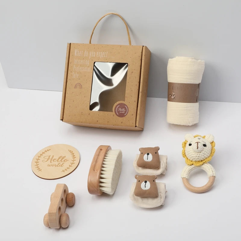 Newborn Baby Bath Set with Double Sided Cotton Blanket Face Saliva Towel Crochet Rattle Toy Wool Brush,Gift Box for Baby Shower