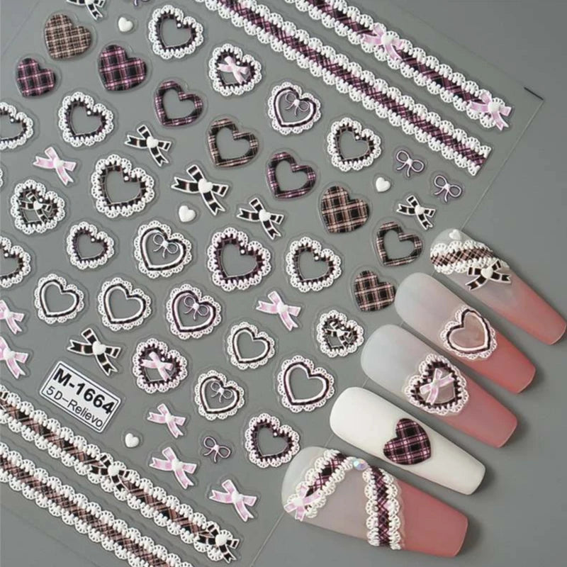 Sweet Bowknot Black Lace Heart Nail Stickers 3D Self Adhesive Nail Art Stickers Japanese Cool Girls Manicure Decorations Decals