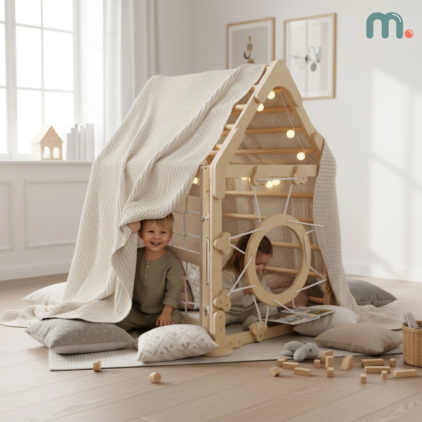 Mamabrum Large Wooden Square Play House Climbing With Slide Ladder for Children 3 + Montessori Large Motorite