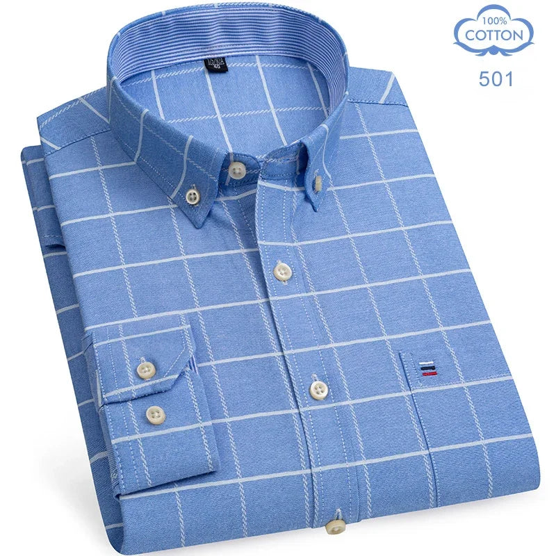 100% Pure Cotton Oxford Shirts for Men Long Sleeve Plaid Shirt Striped Male BusinessTartan Red Shirt Mans Designer Clothes