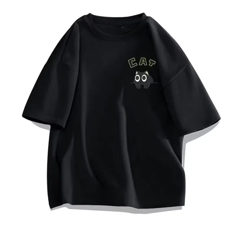 【 M-8XL 】 Summer Limited Edition Men's Oversized T-shirt Korean Casual Loose Style Anime Black Cat Print T-shirt