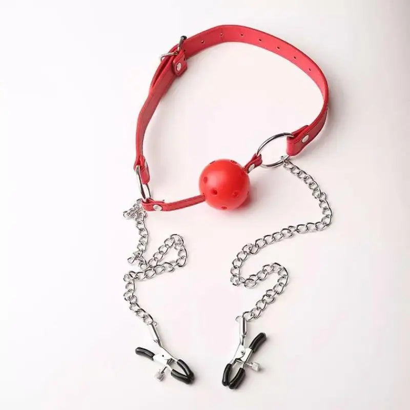 Erotic Toy PU Leather Mouth Gag Ball Oral Sex With Chain Clip Breast Nipple Clamps Bondage Harness Sex Toys Adult Games