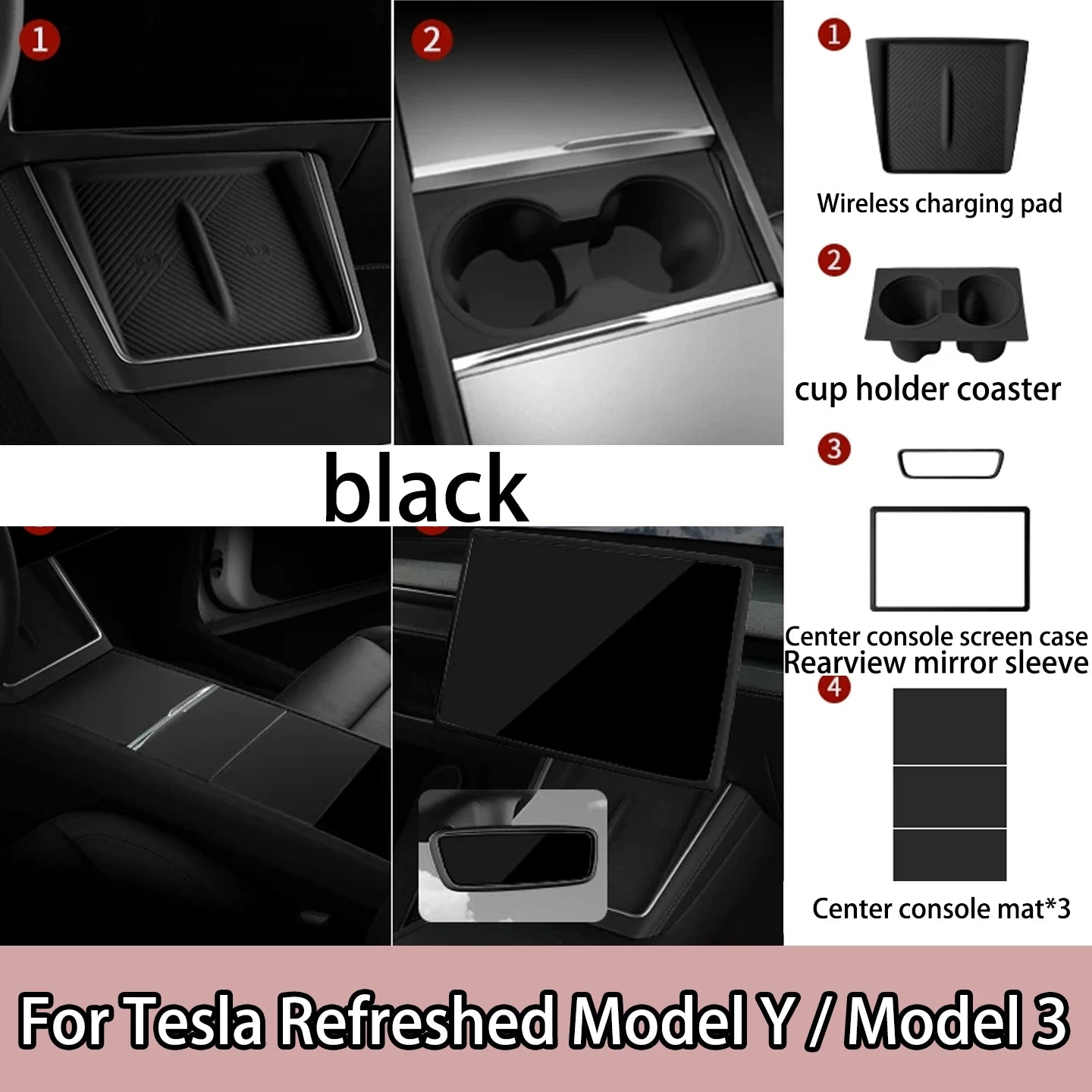 For Tesla Model Y/YL/3 Highland Center Console Wireless Charging Silicone Pad Cup Holder Mat Anti-slip black style accessories